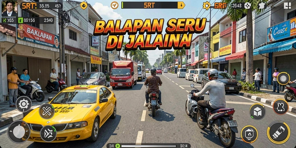 Screenshot gameplay 5RT menampilkan balapan seru di trek kota.