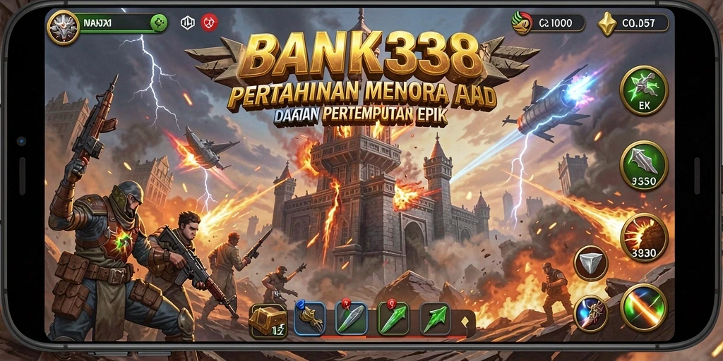 Screenshot utama BANK338 menampilkan aksi pertempuran Tower Defense yang intens.