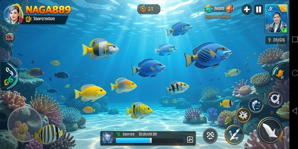 Gameplay seru NAGA889 saat menangkap ikan berwarna-warni.