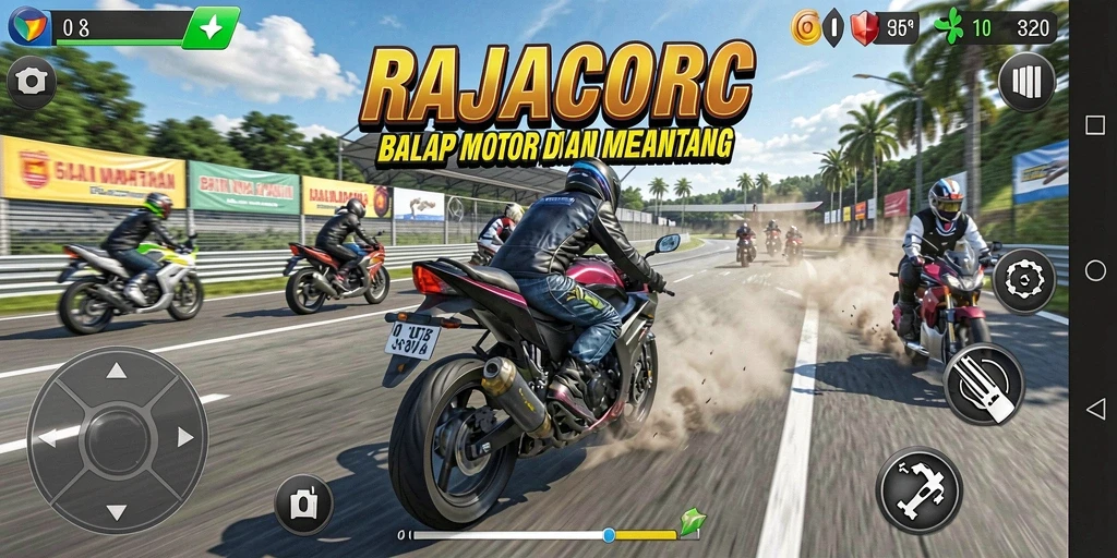 Tampilan gameplay seru di RAJACORC dengan balapan motor yang mendebarkan.